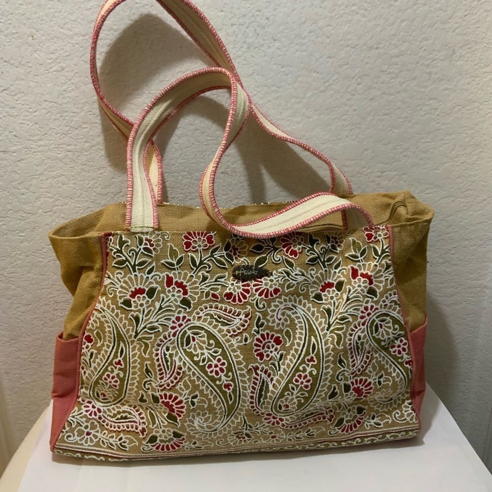 Avani Sun N Sand paisley Tropical tan Beaded Jute Tote Bag